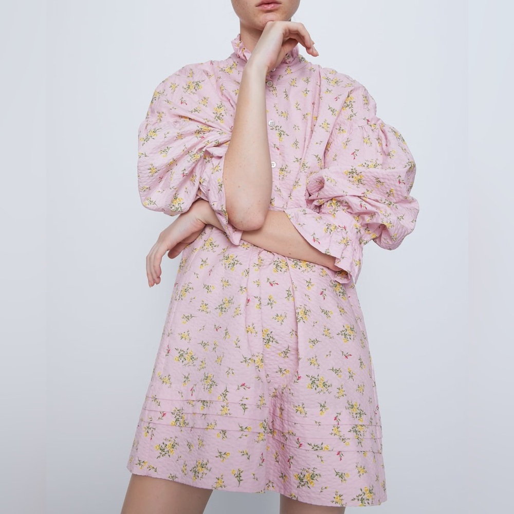 Zara Women's Pink Floral High Neck Cotton Long Sleeve Mini Shift Dress